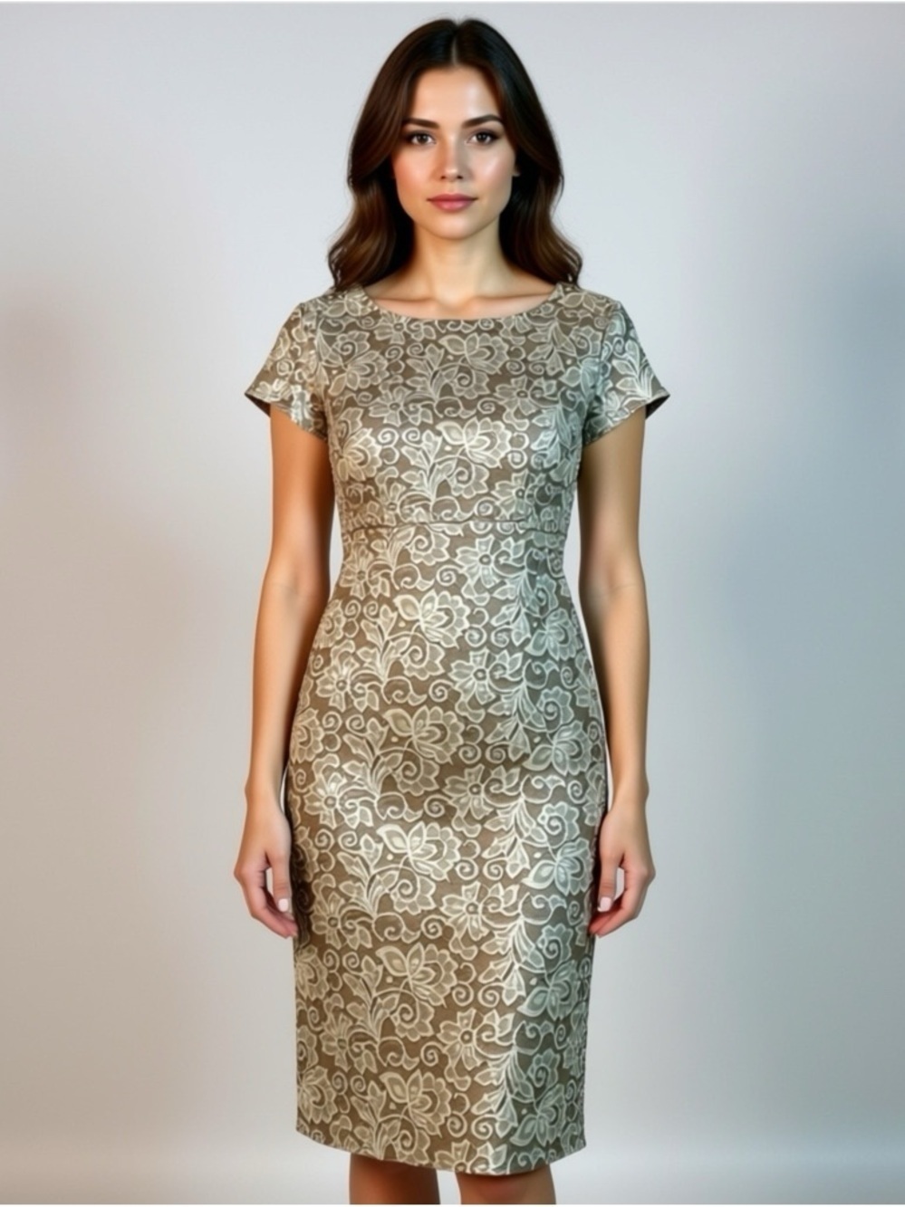 Yellowberry by Mikarose Elegant Beige Lace Dress Size Small Stretch Tan Floral